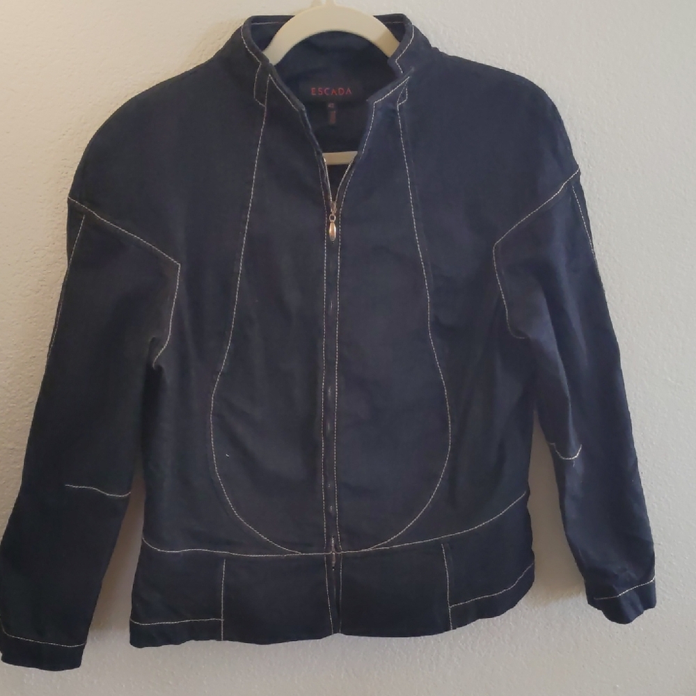 Escada Unique Dark Blue Jacket with White Stitching Zip Up Biker Urban L
